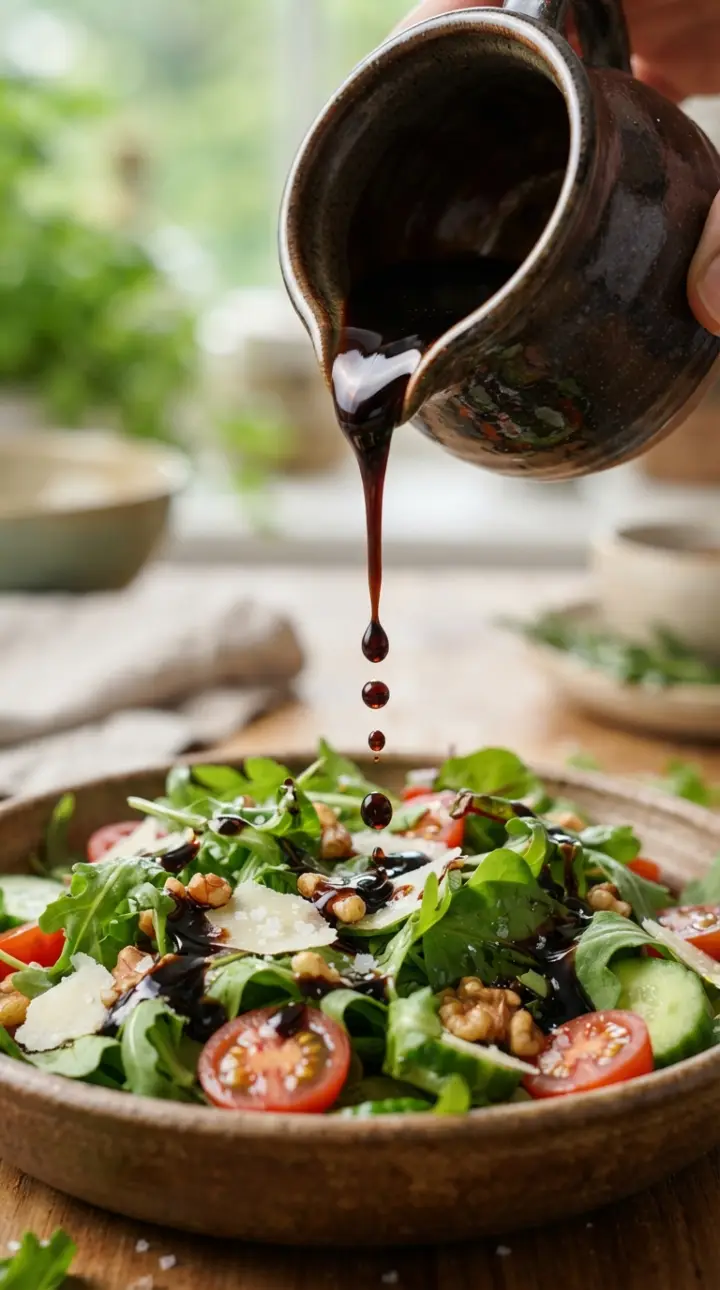 Molho balsâmico caindo sobre a salada