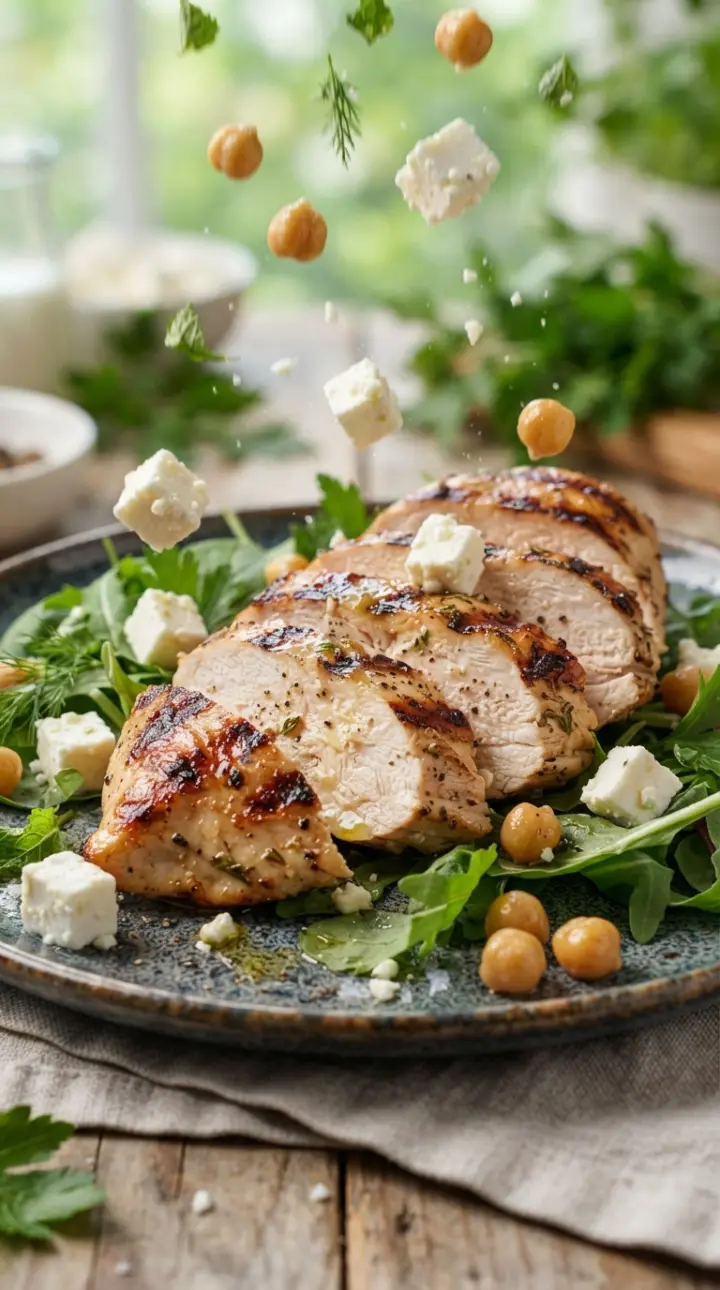 Frango grelhado fatiado com queijo feta