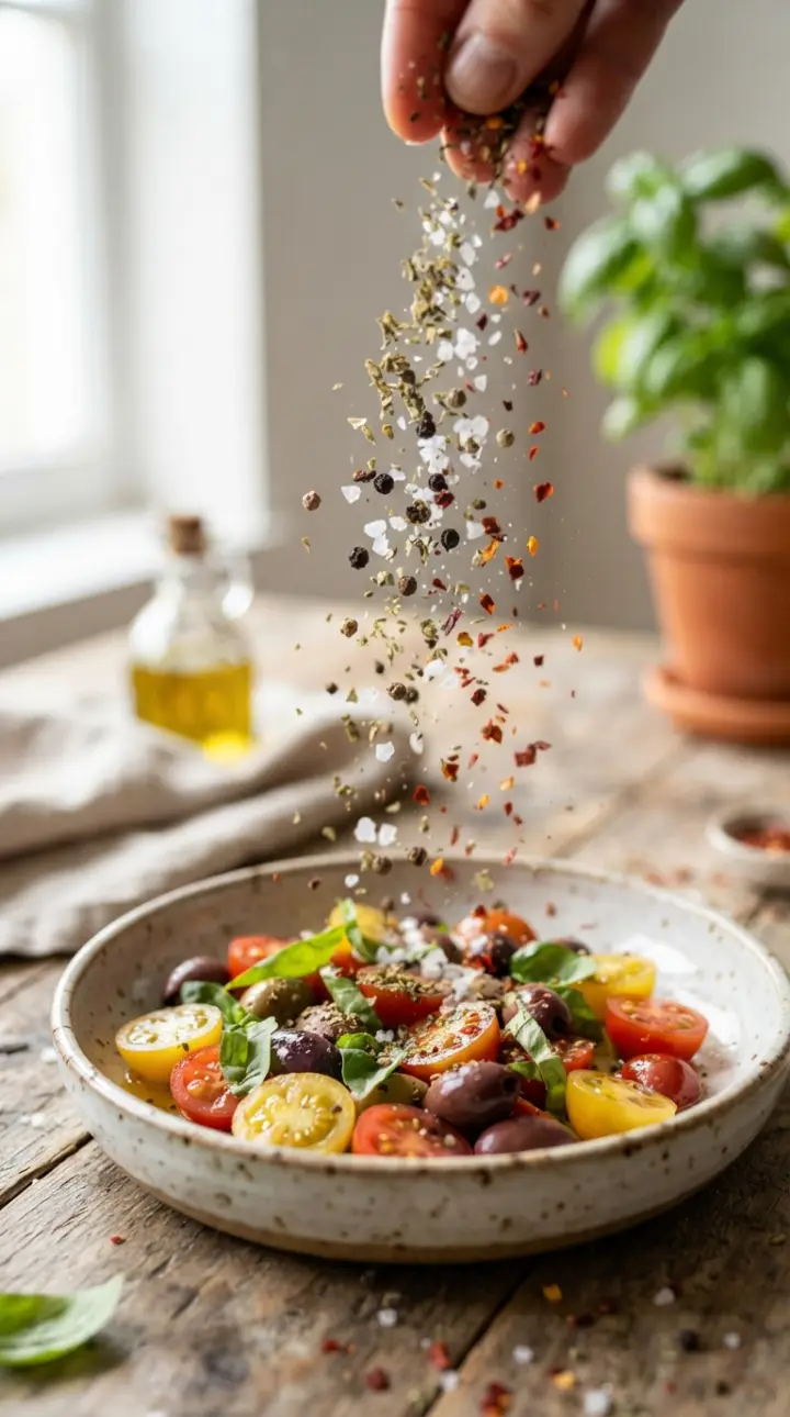 Tempero caindo sobre a salada