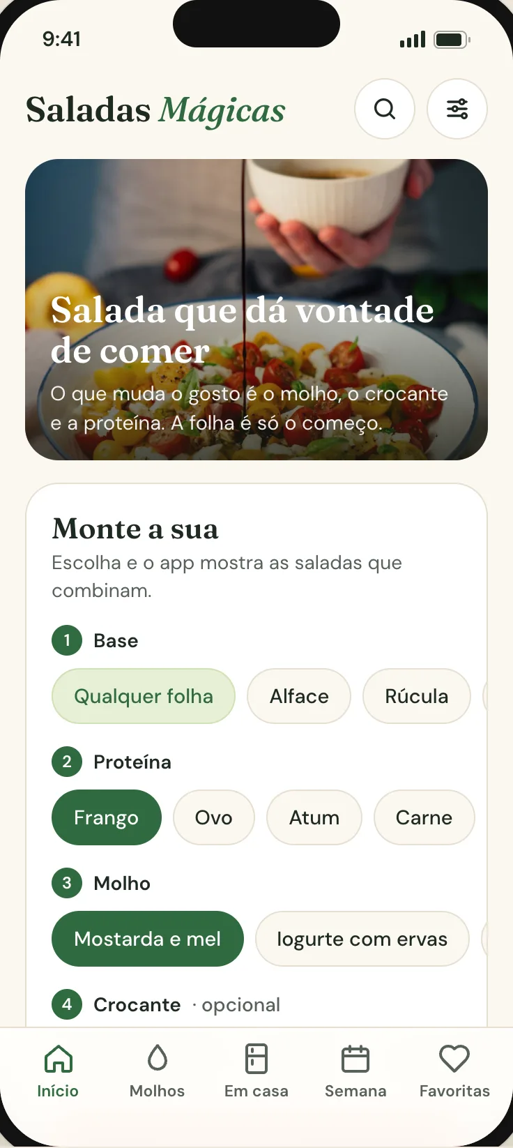 Tela de montar a salada em 4 escolhas