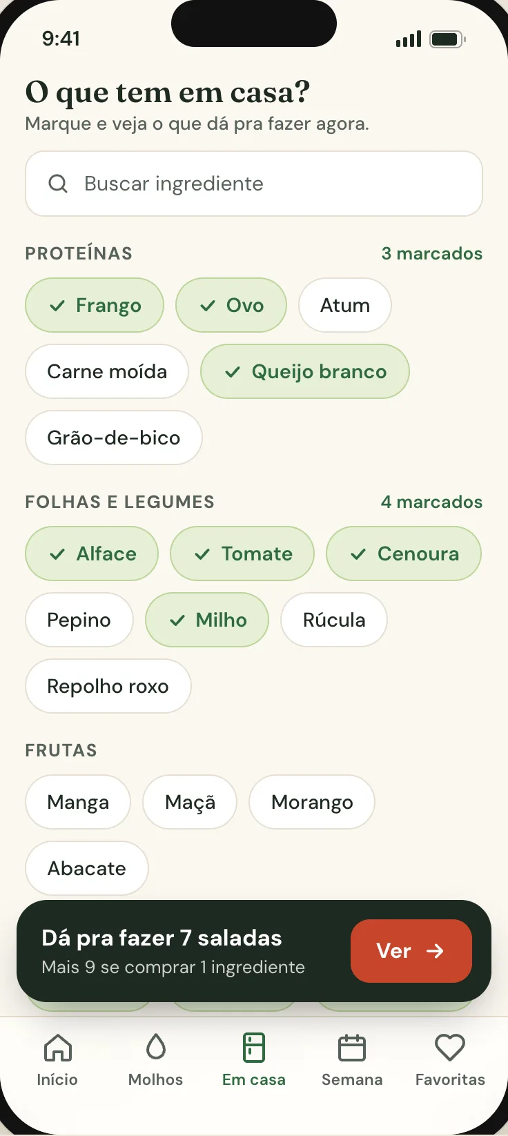 Tela de marcar o que tem em casa