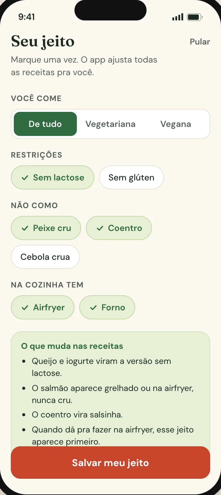 Tela de preferências e restrições